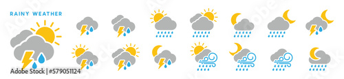 Rain weather icon set. Rain weather forecast in the day and night icons. Weather forecast icon set in color. Thunderstorm, clouds, thunderbolt, lightning, wind, tornado, sun, moon, vector illustration