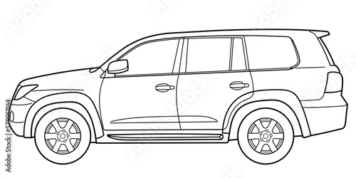 Classic luxury suv car. Crossover car front view shot. Outline doodle vector illustration. Design for print, coloring book.