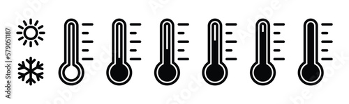 Temperature icon set. Temperature scale icon symbol. Weather sign. Thermometer icons. Warm and cold air temperature symbol for apps and websites, vector illustration