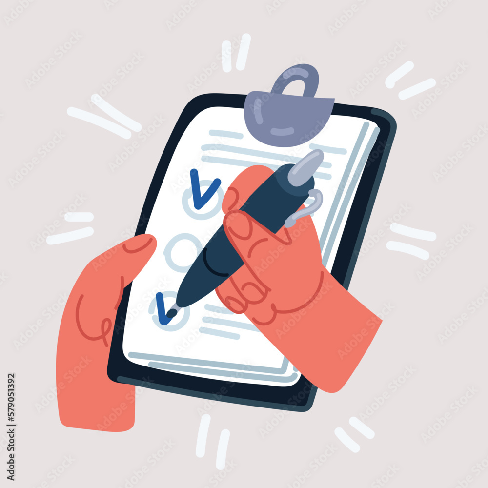 Vetor de Vector illustration of Hands holding clipboard with checklist ...