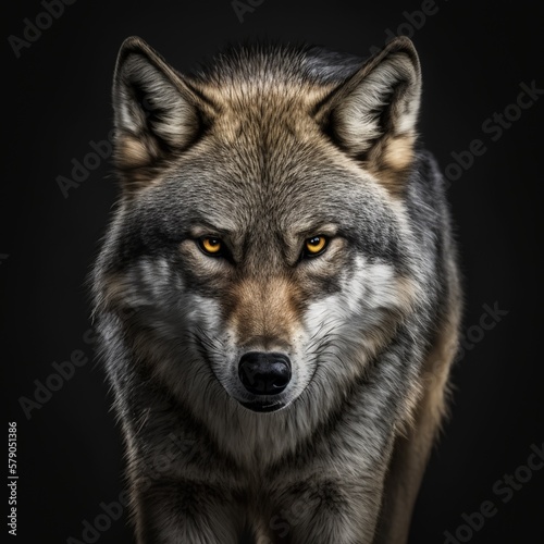 Schöner grauer Wolf läuft auf die Kamera zu. Laufender Wolf auf schwarzem Hintergrund. Entschlossen aussehender Wolf. Einsamer Wolf. KI generiert