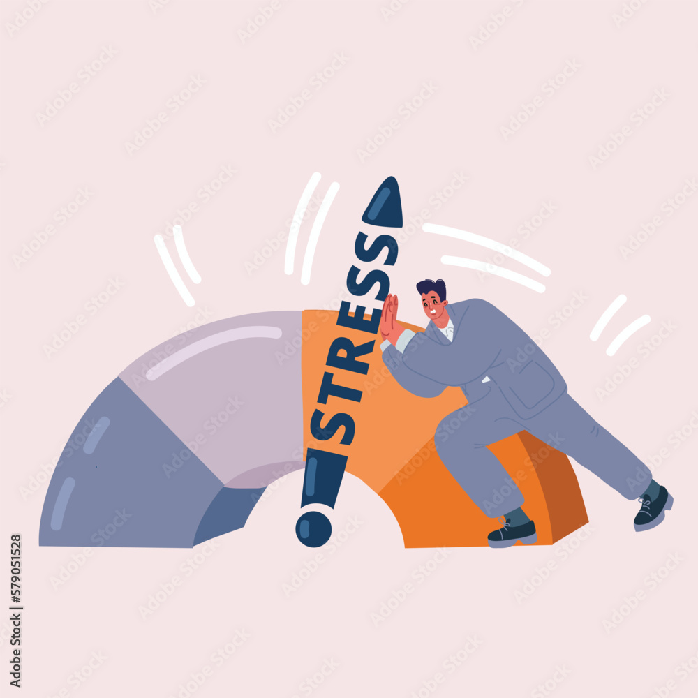 Vector illustration of Stress level, mood scale. Business Man solves problems and reduces psychological pressure. Person tired because of emotional and work overload. - obrazy, fototapety, plakaty 