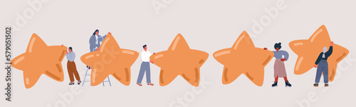 Vector illustration of People show customer feedback, man and woman, team hold big stars. Rating, five stars.