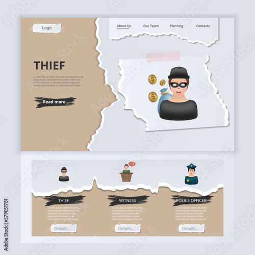 Thief flat landing page website template. Prisoner, witness, police officer. Web banner with header, content and footer. Vector illustration.