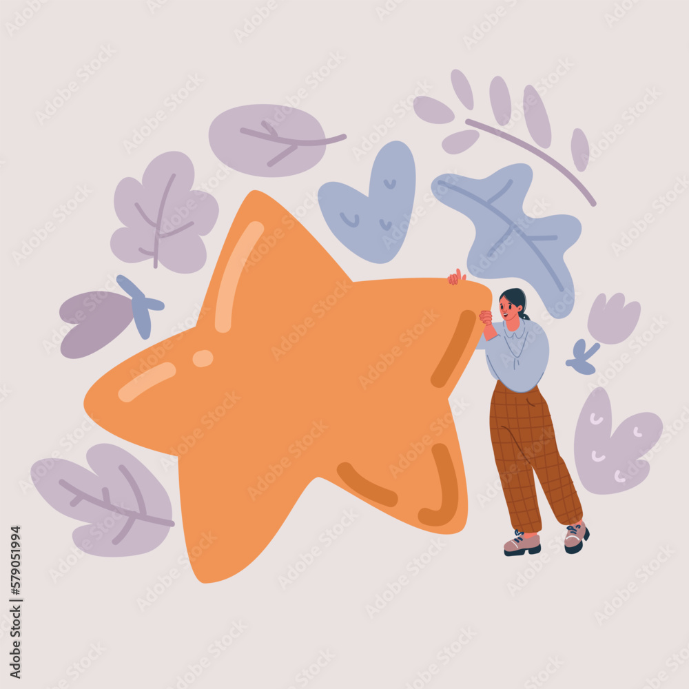 Vector illustration of Woman Hold Yellow Star to Rate Service or Goods. Client Female Character Feedback and High Rating. Customer Review and User Rating