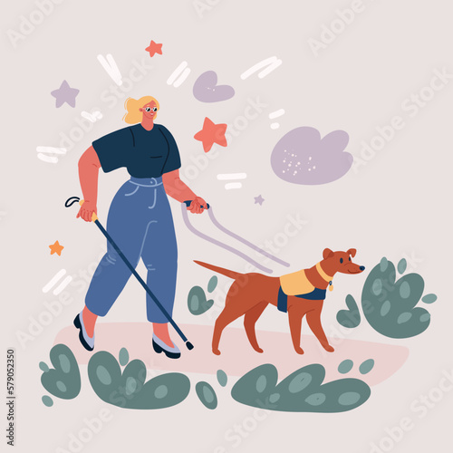 Vector illustration of blind person. Disabled man and woman with guide dogs.