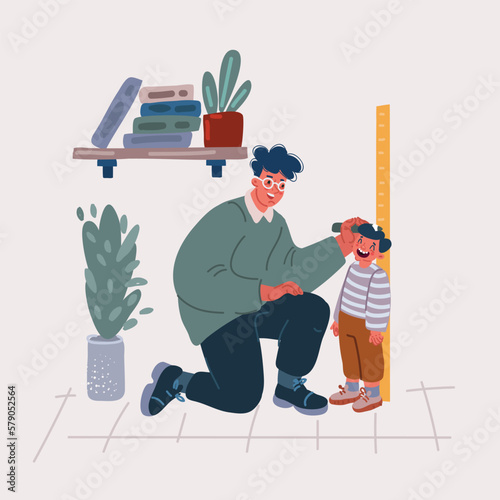Kindergarten teacher or father measuring girl kid height with painted graduations on the wall arrow. Flat style character vector illustration isolated on white background.