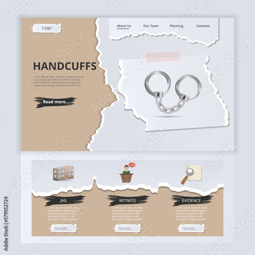 Handcuffs flat landing page website template. Jail, witness, evidence. Web banner with header, content and footer. Vector illustration.