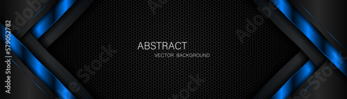 Abstract black and blue polygon with blue glow lines on dark steel mesh background with free space for design. modern technology innovation concept background	
