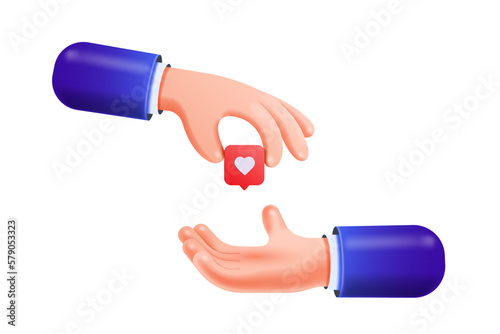 3D cartoon hand give red heart speech bubble to another hand isolated on white background. Social media concept. 3D Vector illustration