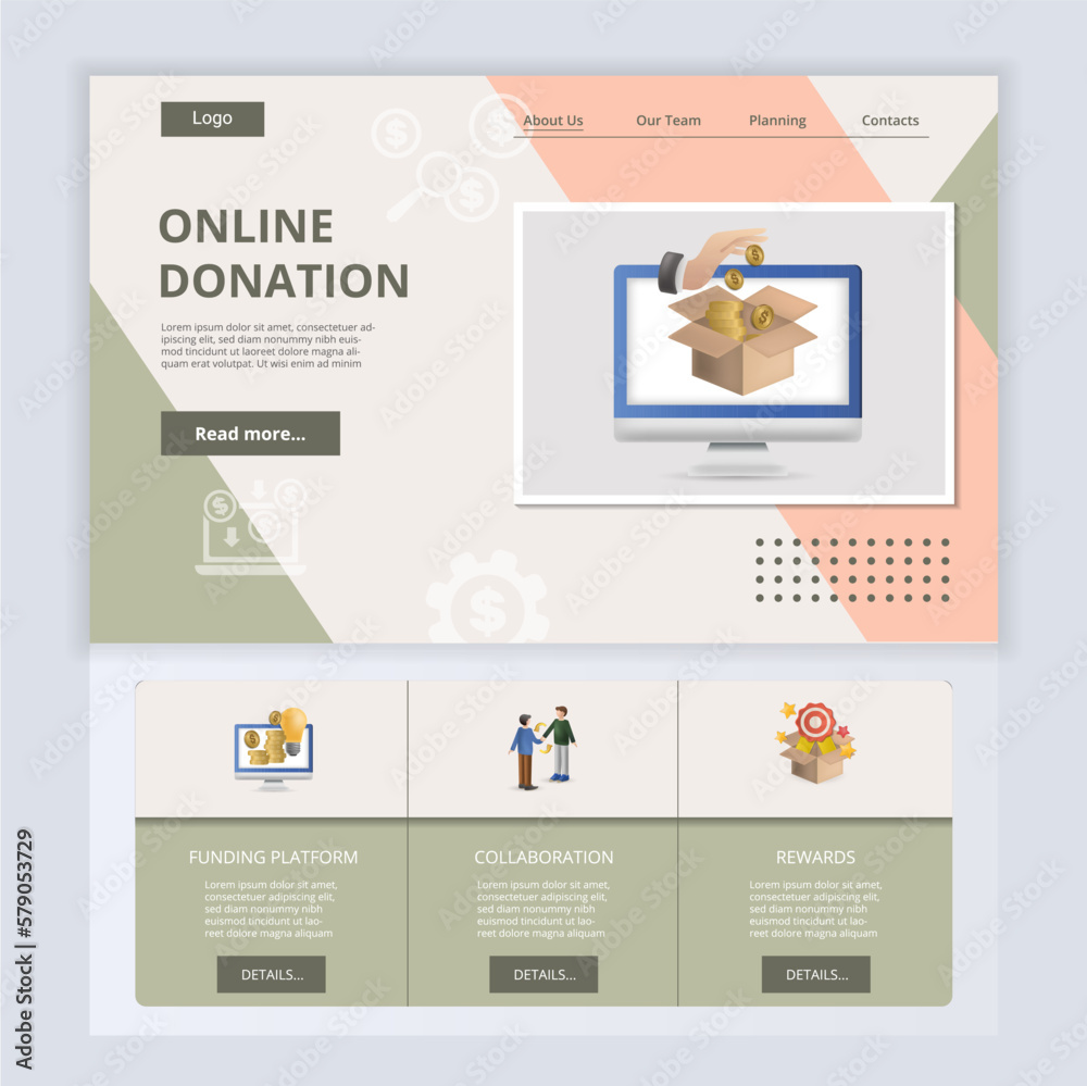 Online donation flat landing page website template. Funding platform, collaboration, rewards. Web banner with header, content and footer. Vector illustration.