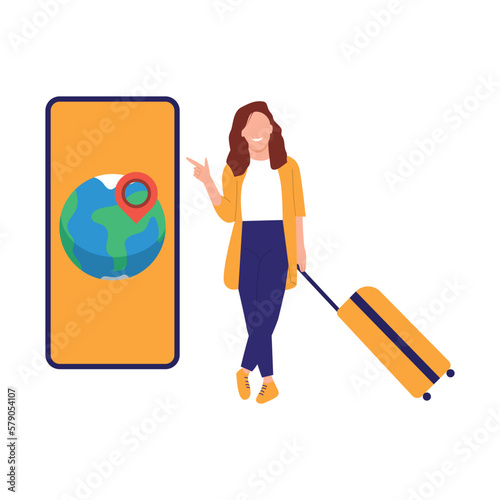 vector illustration Smiling simple woman in yellow jacket holding luggage bag wanting to travel around the world pointing at map on mobile phone

