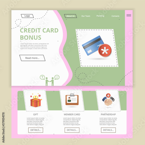 Credit card bonus flat landing page website template. Gift, member card, partnership. Web banner with header, content and footer. Vector illustration.