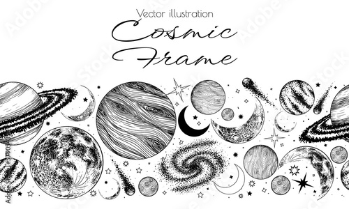 Seamless horizontal space pattern. Moon, planets, comets, stars, galaxies in engraving style