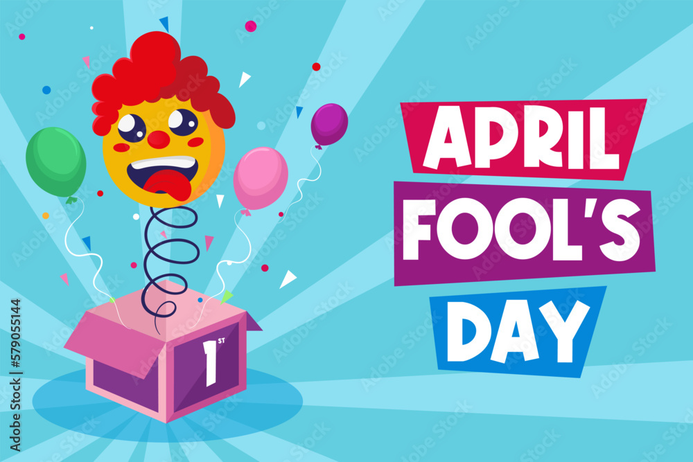 April fools day with box surprise, clown and balloon. Laugh icon vector illustration, poster or banner background and copy space. - obrazy, fototapety, plakaty 