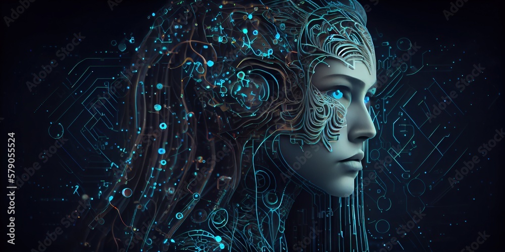 Artificial intelligence. A humanoid cyber girl with a neural network. Artificial intelligence with a digital brain is learning to process big data. Chat GPT concept. Generative AI 