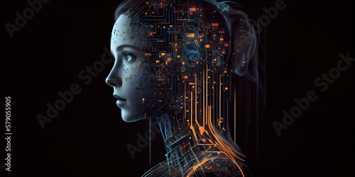 Abstract artificial intelligence. Conceptual of futuristic bionics and artificial intelligence. Detailed robot woman or humanoid cyber girl.A humanoid cyber girl with a neural network. Generative AI 