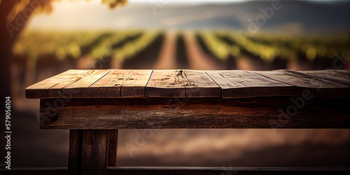 The front view of a wooden table in soft morning light, with a blurry  vineyard in the background. Rustic weathered table, mock up for space. Generative AI