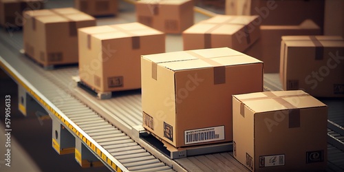 Cardboard boxes on conveyor belt at distribution warehouse. Postal parcels. Delivery worldwide. Conveyor belt with orders. Automatic mechanized logistics. Generative AI