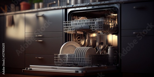 Open empty dishwasher in kitchen. Generative AI photo