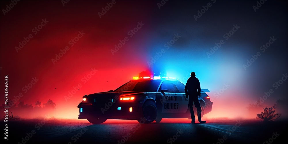 One policeman silhouette with police car on backside. Police car with red and blue lights in the fog. You are under arrest. Cinematic illustration of a night detention. Generative AI - obrazy, fototapety, plakaty 