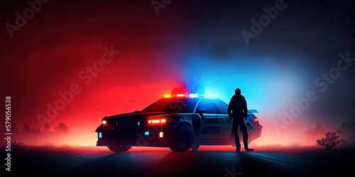 Fototapeta One policeman silhouette with police car on backside