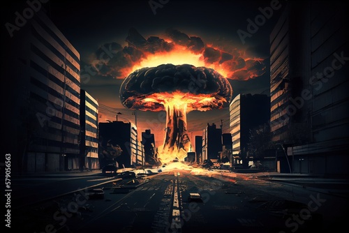 Fire cloud of nuclear bomb explosion. Futuristic nuclear explosion downtown. Future, war, neon colors, dark background. Explosion of nuclear bomb during war actions. Generative AI