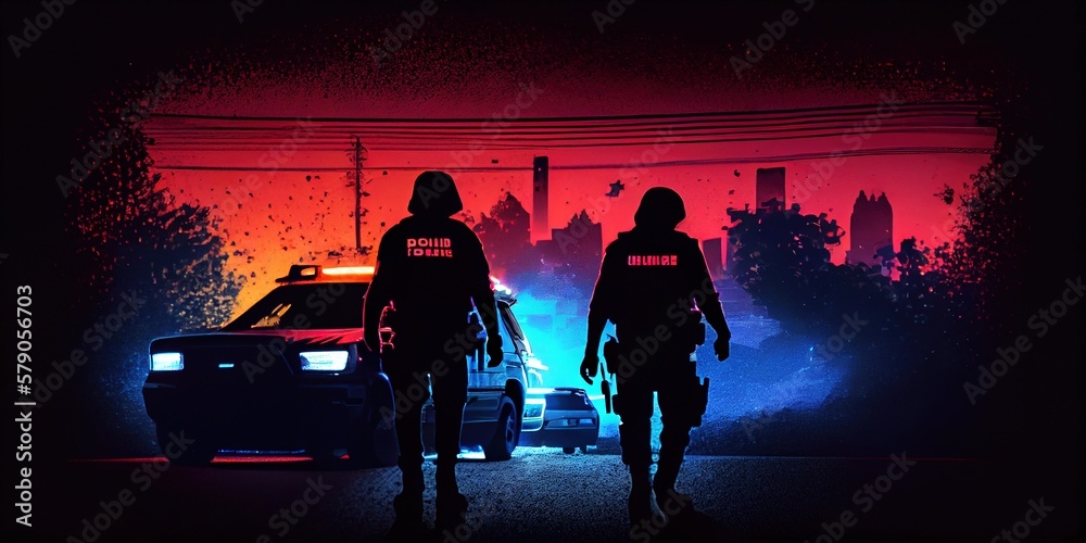 A group of policemen on a night investigation. Police car with red