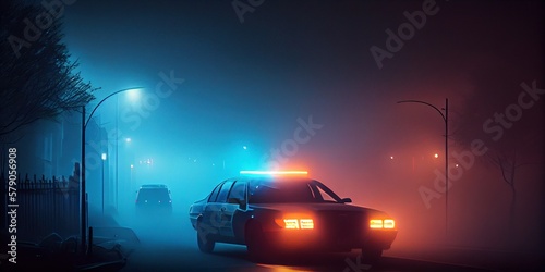 Police cars at night. Police car with red and blue lights in the fog. During the night the police raided and you are under arrest. Cinematic illustration of a night detention. Generative AI photo