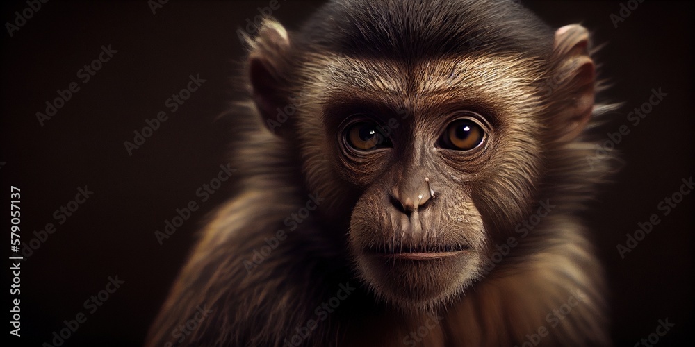 Monkey close-up. Smart conscious look of a little monkey. Portrait of a monkey on a dark background. Intelligent primate animal. Generative AI Monkey close-up. Smart conscious look of a little monkey. Portrait of a monkey on a dark background. Intelligent primate animal. Generative AI