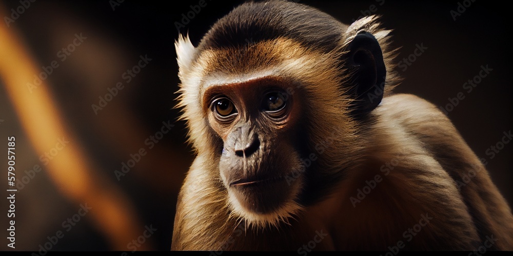 Monkey close-up. Smart conscious look of a little monkey. Portrait of a monkey on a dark background. Intelligent primate animal. Generative AI