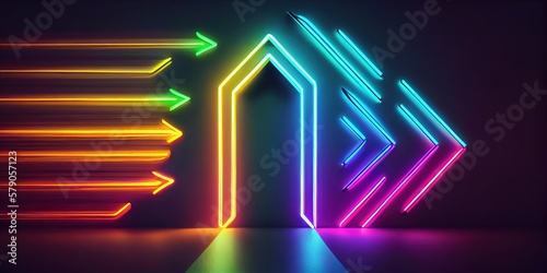 Abstract minimalist neon background. Colorful neon ascending arrow  linear sign. Modern simple wallpaper  Futuristic wallpaper. Generative AI
