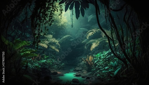 Dark tropical rainforest  jungle trees and plants in the fog. Generative AI illustration.