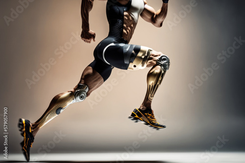 awe-inspiring photo of a prosthetic cyborg run athlete pushing their body to its utmost limits. With technology and determination, they are able to conquer AI generative