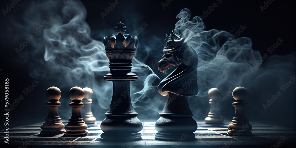 Chess figures on a dark background with smoke and fog. Epic chess