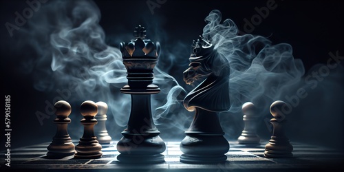 Foto Chess figures on a dark background with smoke and fog