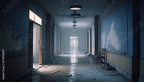 Rusty empty hospital hallway background. Generative AI technology.