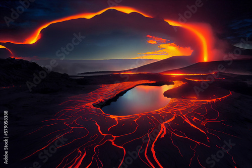 Lava Flows on active volcano.Volcano eruption with ash smoke and pyroclastic cloud. Volcanic natural disaster ,3D Rendering graphic ,illustration drawing