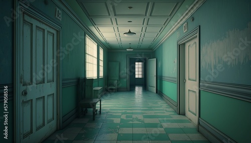 Old clinic hallway background. Generative AI technology.