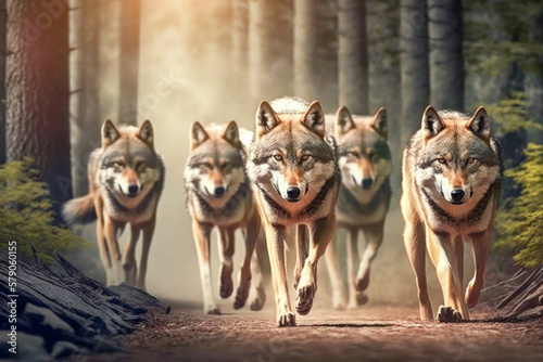 Wolf pack on a hiking trail in woods. Wild animal attack and accident. AI generative