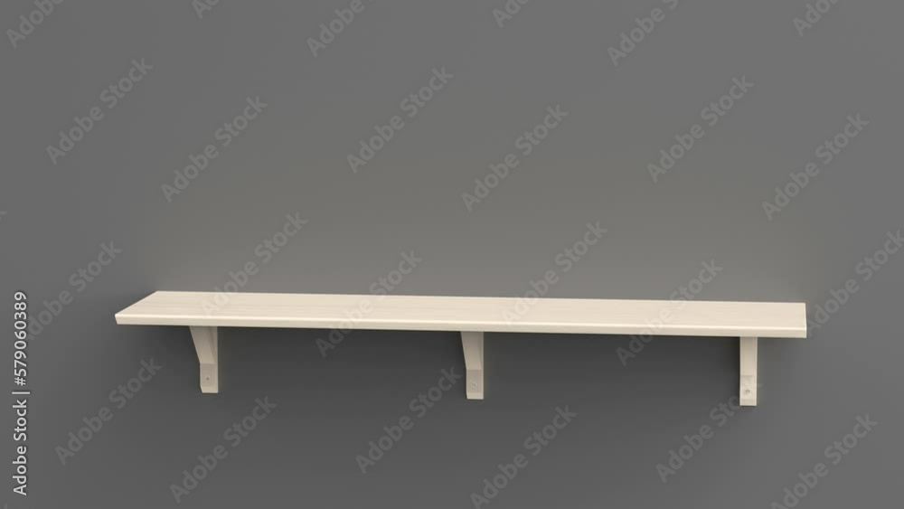 Empty wooden shelf with brackets on a grey wall Empty wooden shelf with brackets on a grey wall