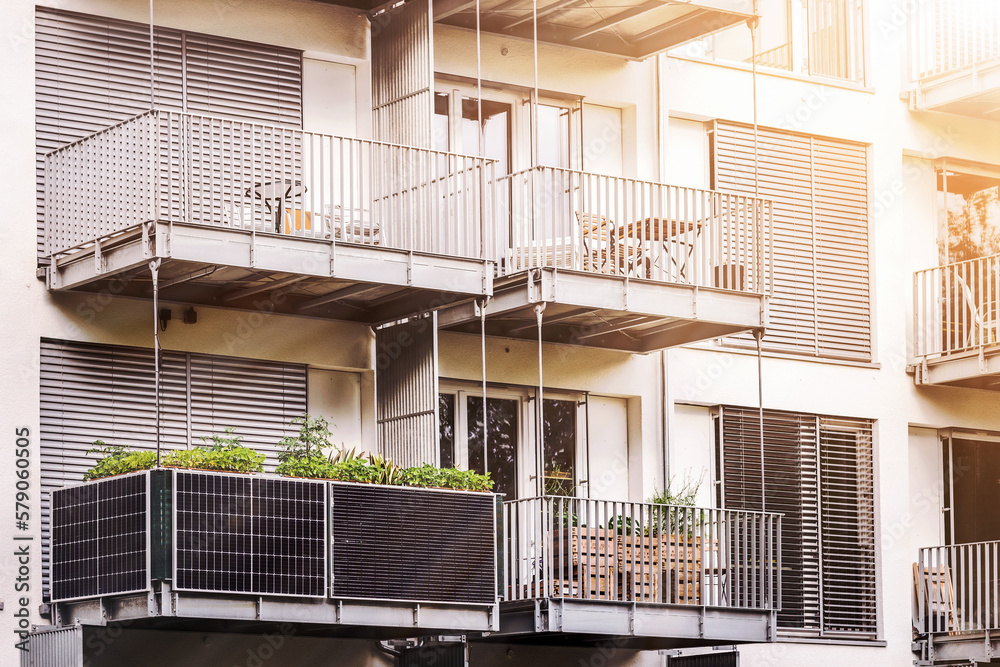 Picture of Solar Panel on Balcony of Modern Apartment Building in City. Small Mini ...