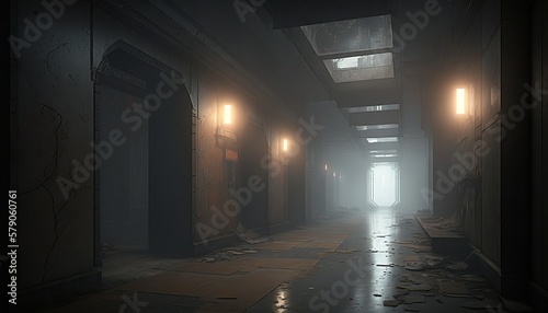 Abandoned empty military bunker illuminated light background. Generative AI technology.