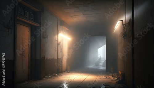 Abandoned empty factory hallway illuminated light background. Generative AI technology.