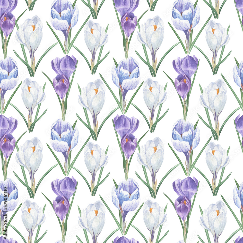 Seamless pattern of spring flowers and leaves painted in watercolor.