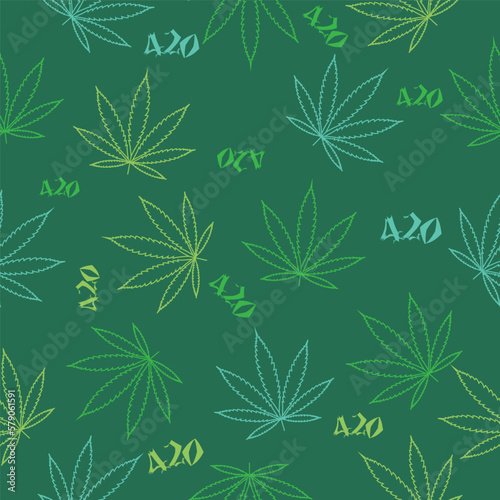 420 cannabis marijuana seamless repeating pattern with cannabis leaf icon and 420 typography in green, yellow and blue colors. random scattered icons.