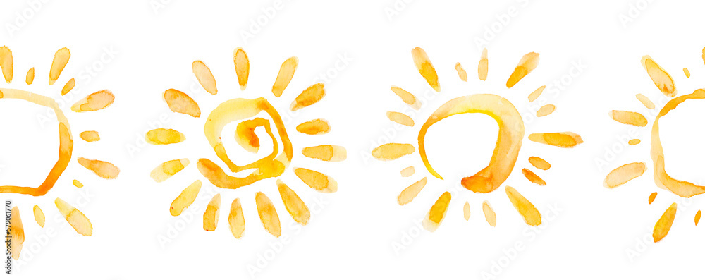 Watercolor hand-drawn seamless pattern with cute smiling sun on white background. Cute simple print. Childish repeating texture. Ideal for fabric, wallpaper, textiles, baby clothes, wrapping paper. Watercolor hand-drawn seamless pattern with cute smiling sun on white background. Cute simple print. Childish repeating texture. Ideal for fabric, wallpaper, textiles, baby clothes, wrapping paper.