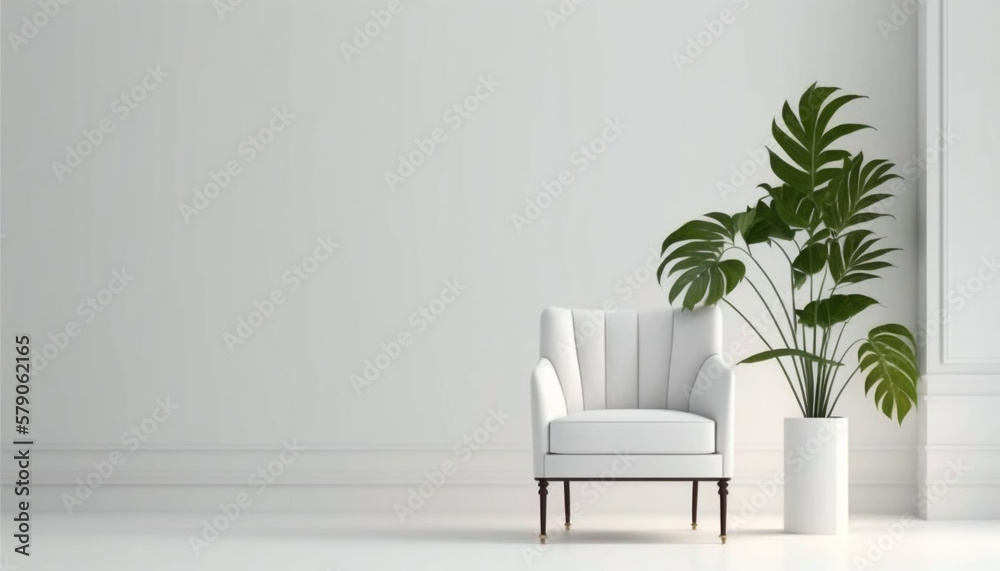 Modern Chair and Amazon Lily Plant on White Wall Background generative ai Modern Chair and Amazon Lily Plant on White Wall Background generative ai