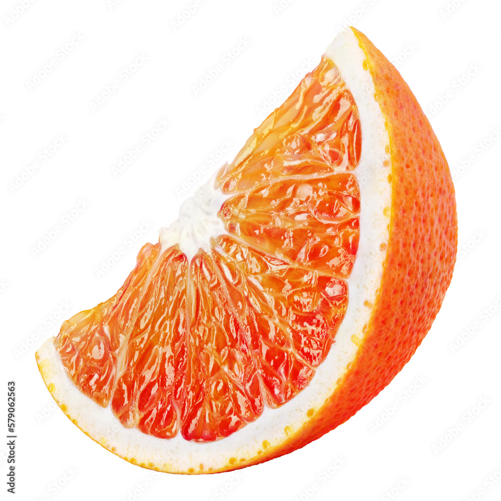 Ripe wedge of blood red orange citrus fruit isolated on transparent background. Sanguinello