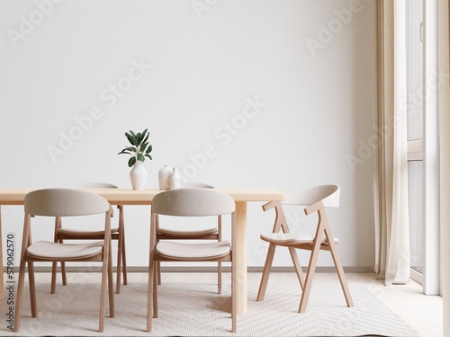 Dining room and kitchen copy space on white background, front view